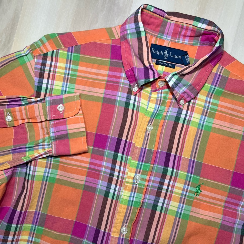 Polo Ralph Lauren Vintage Mens Custom Fit Madras Plaid Button Down Shirt Size M